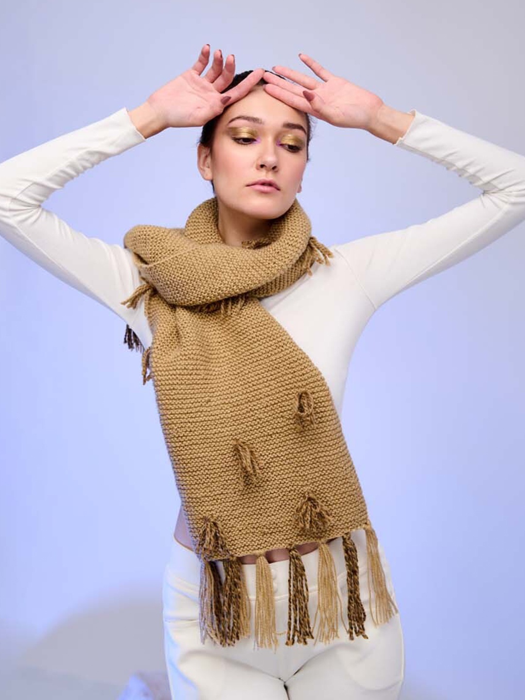 

Zanaash Self Design Tasselled Woollen Scarf, Beige