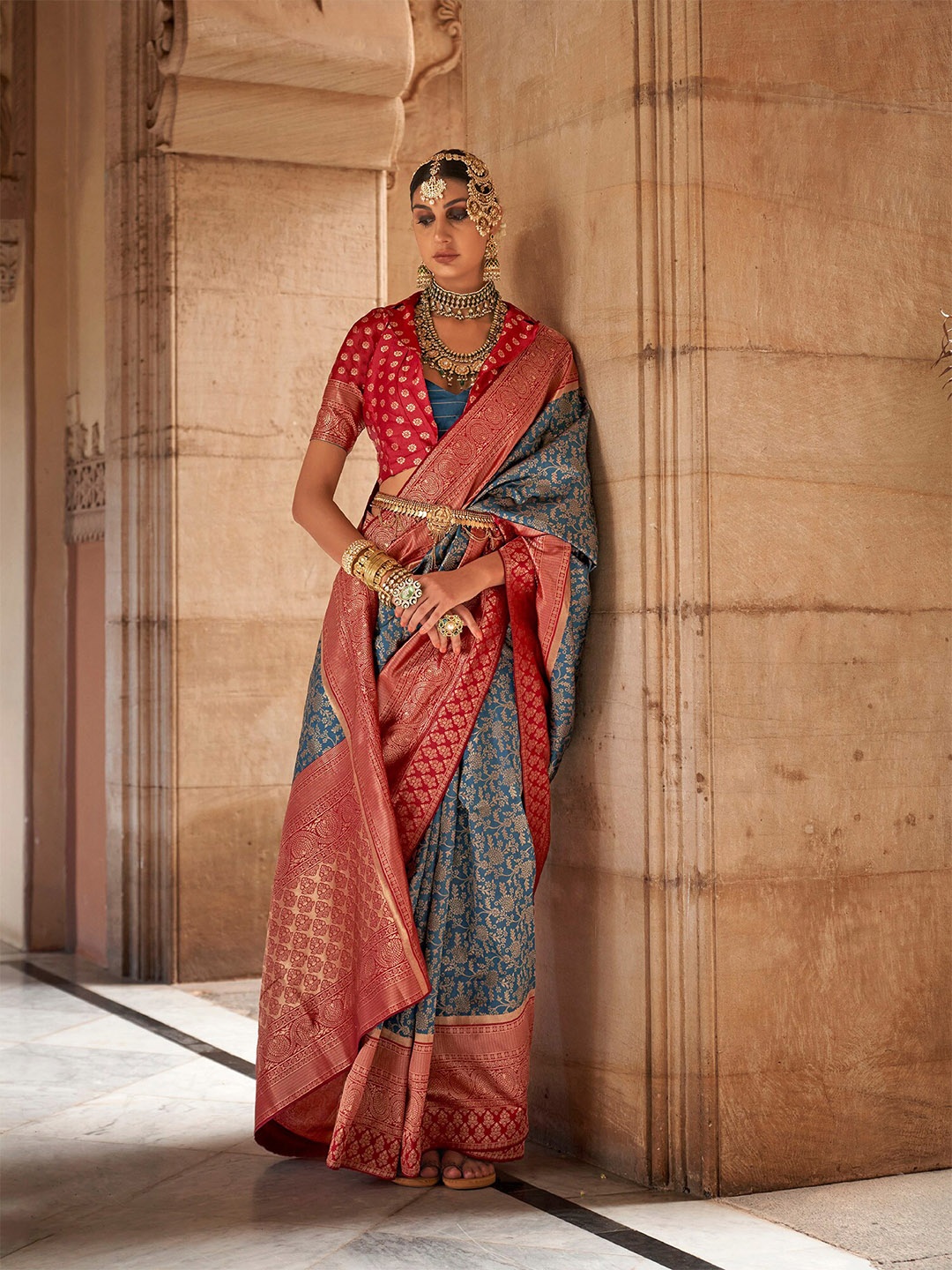 

elora Floral Design Banarasi Zari Saree, Blue