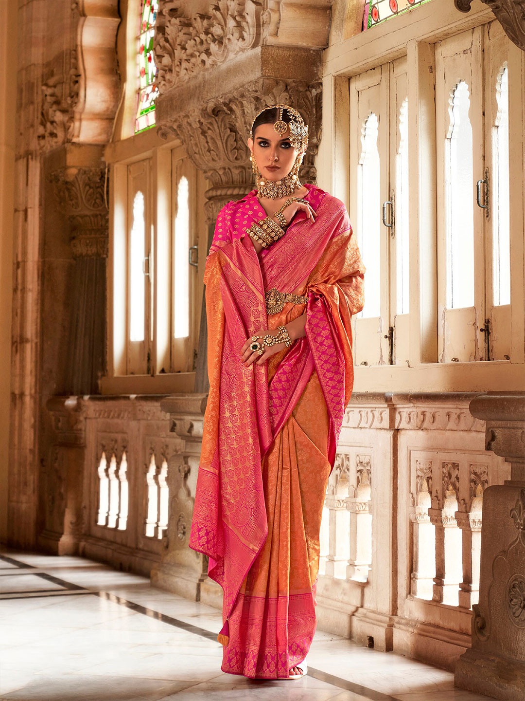 

elora Floral Design Banarasi Zari Saree, Orange