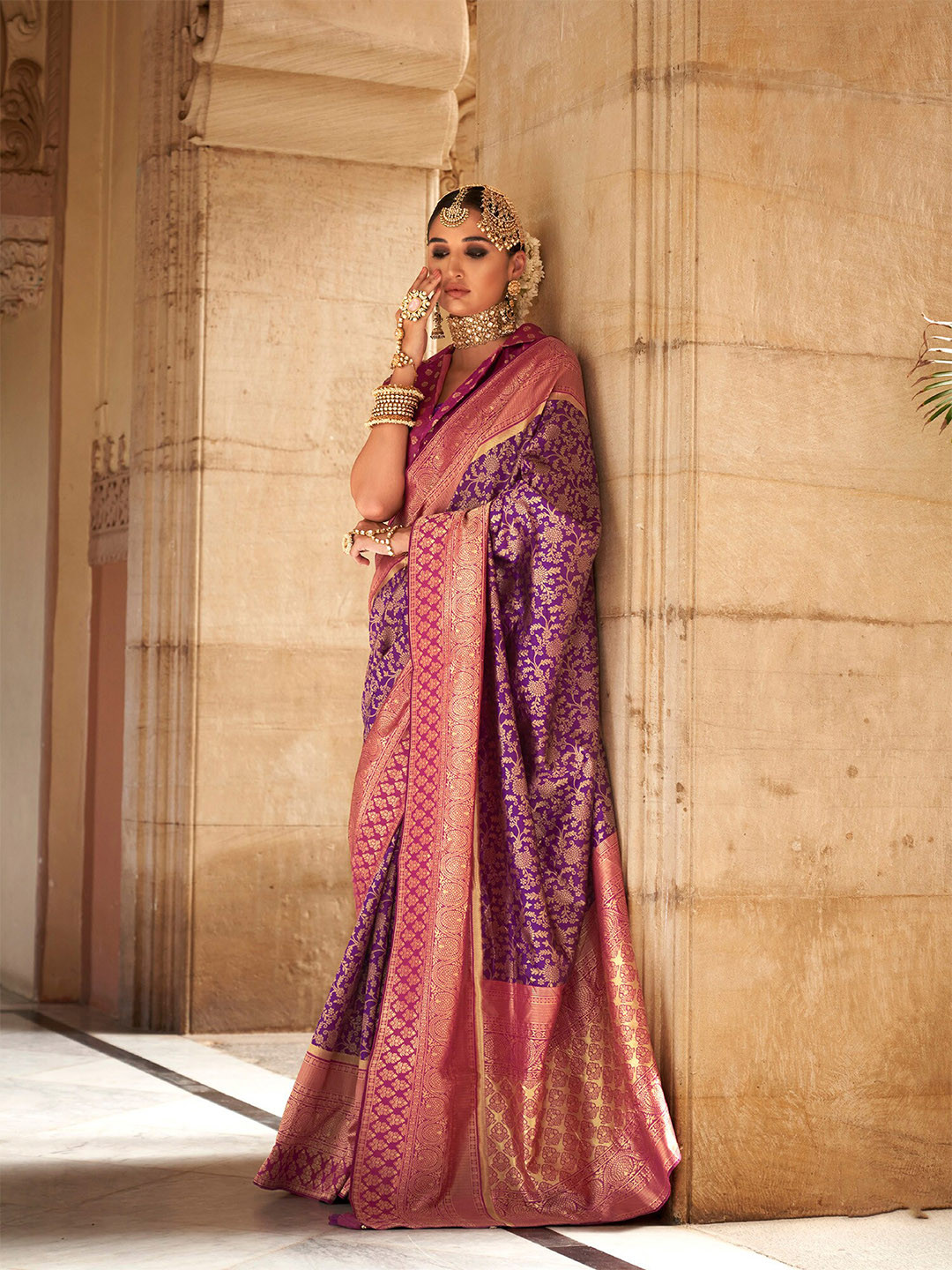 

elora Floral Woven Design Designer Banarasi Zari Saree, Purple