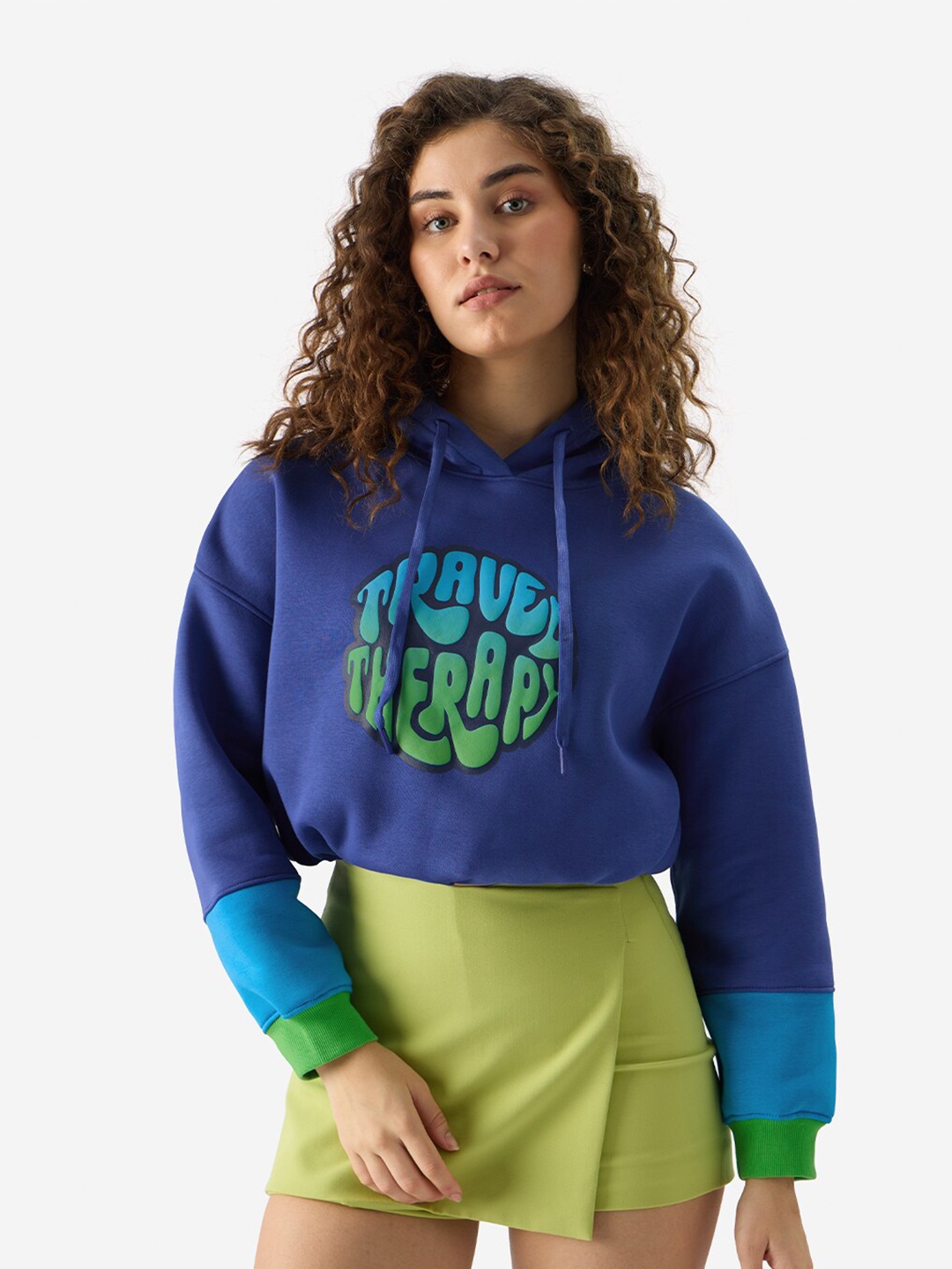 

The Souled Store Typography Printed Hooded Pure Cotton Cropped Oversized Pullover, Blue