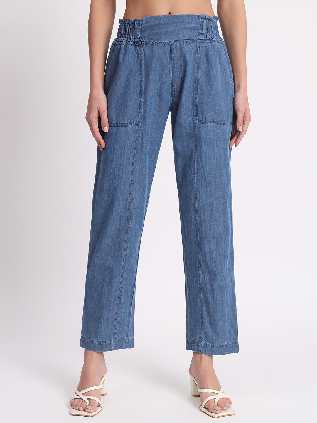 

AngelFab Women Relaxed Straight Leg Fit High-Rise Denim Trousers, Blue