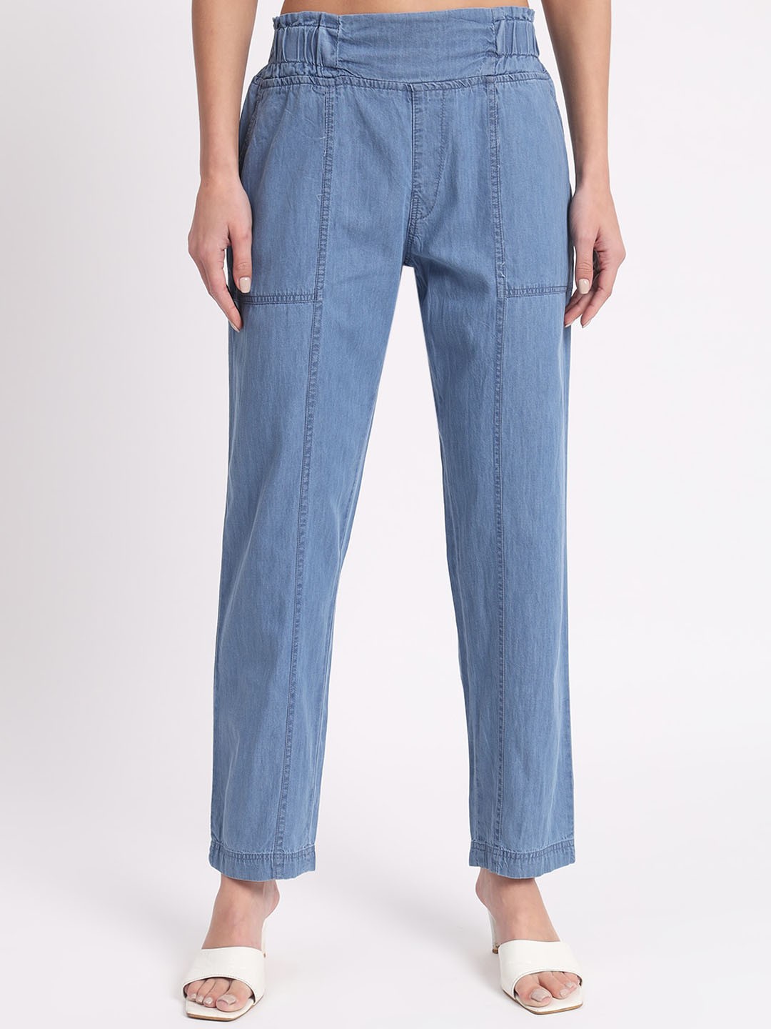 

AngelFab Women Relaxed Straight Leg Fit High-Rise Denim Trousers, Blue
