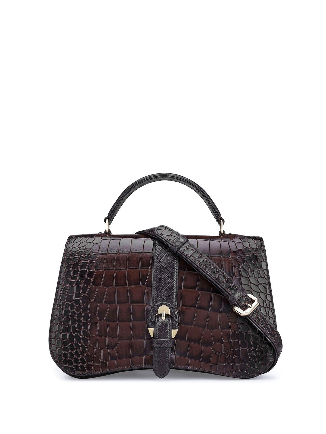 

Da Milano Textured Buckle Detail Leather Satchel Bag, Black