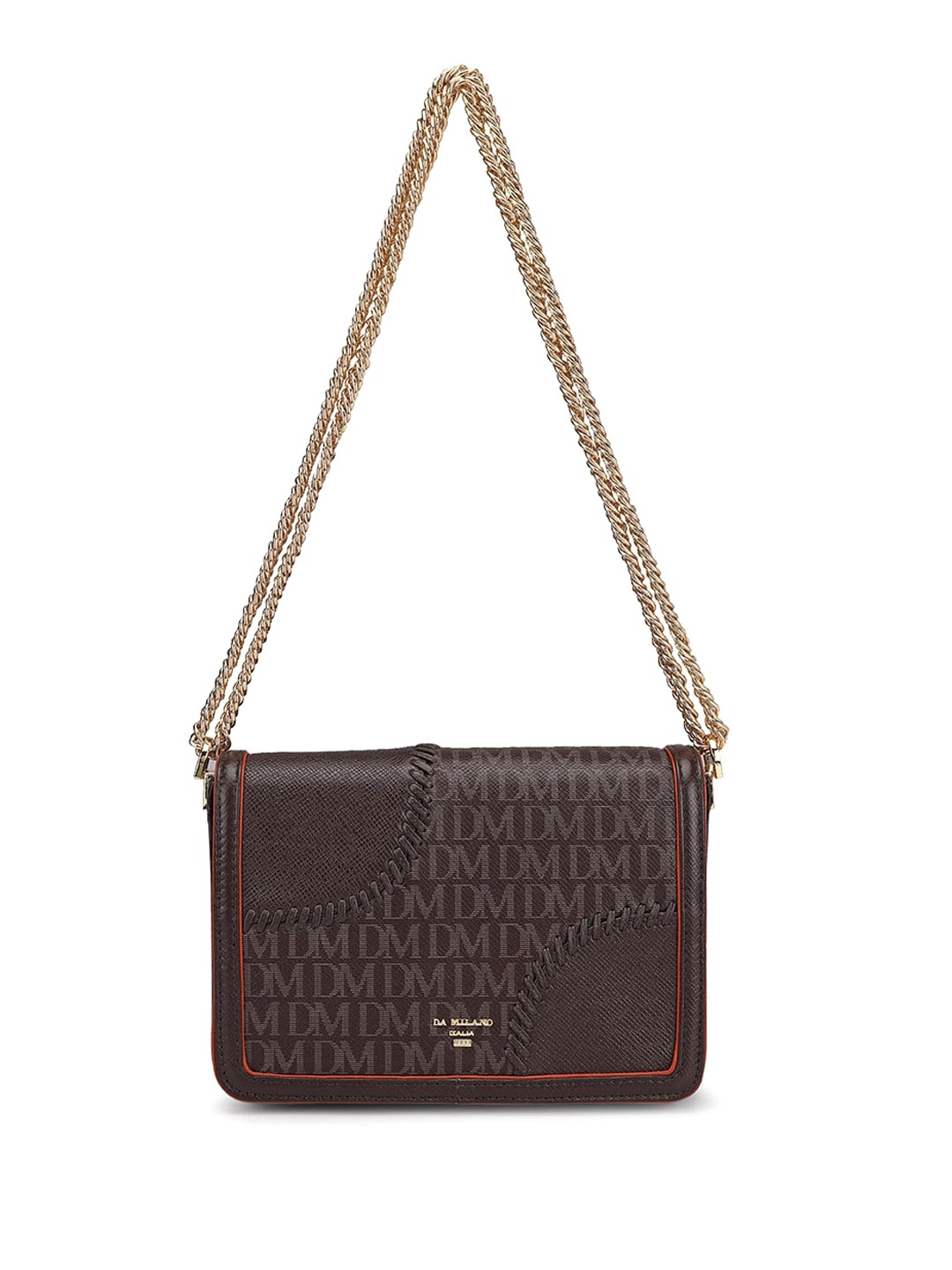 

Da Milano Typography Printed Leather Structured Sling Bag, Brown