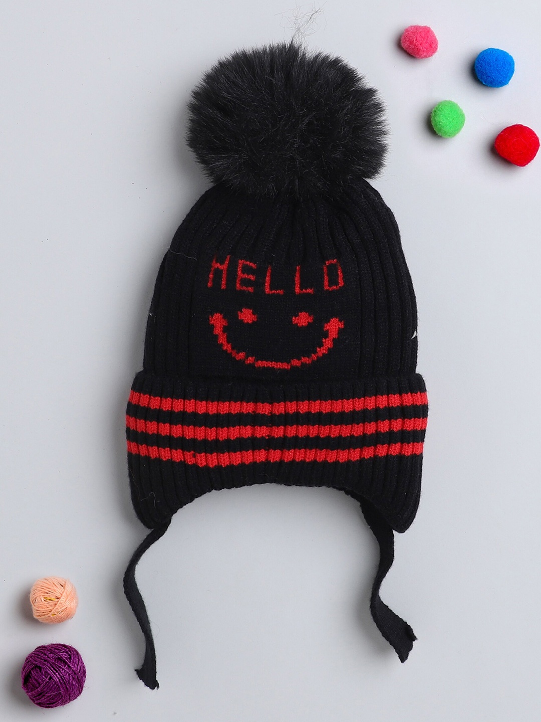 

The Magic Wand Kids Self Design Woolen Beanie Cap, Black