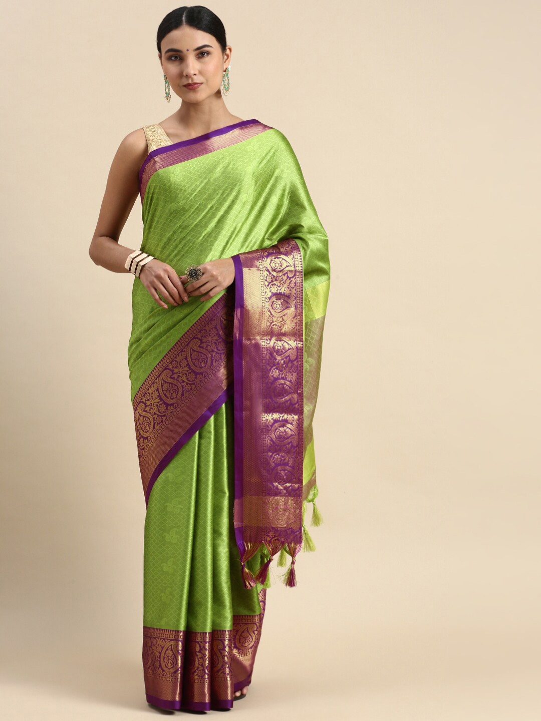 

DWINI Ethnic Motifs Woven Design Zari Silk Cotton Dharmavaram Saree, Lime green