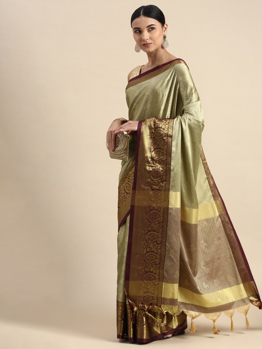 

DWINI Ethnic Motifs Woven Design Zari Silk Cotton Dharmavaram Saree, Beige