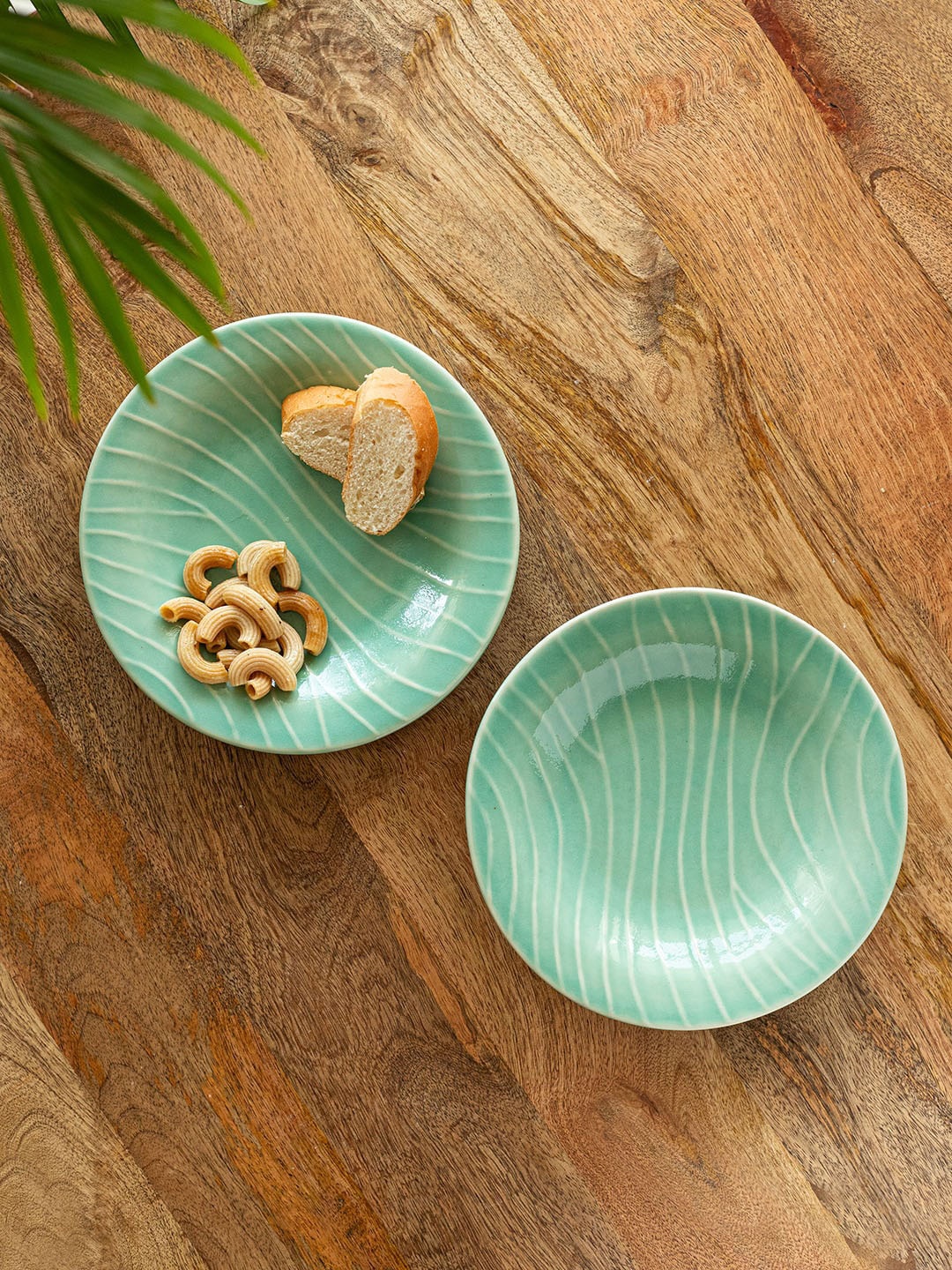 

ExclusiveLane Set of 2 Hand Glazed Hand-Etched Ceramic Pasta Plates, Sea green