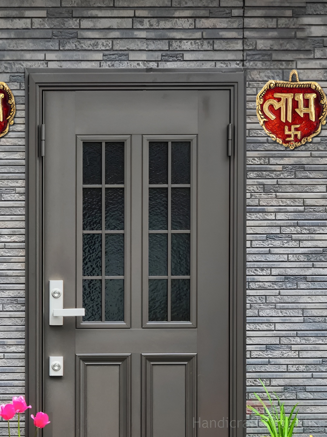 

HANDICRAFTS PARADISE Red & Gold Toned 2 Pieces Shubh Labh & Swastik Engraved Wall Decors