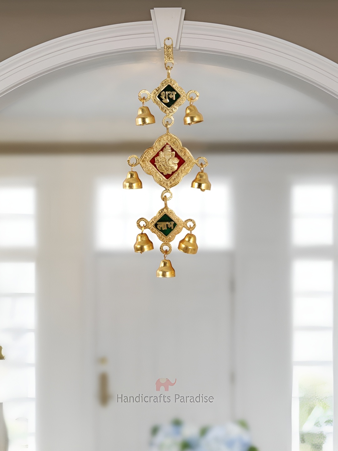 

HANDICRAFTS PARADISE Green & Red Ganesha Motif with Bells Door Hanging, Gold