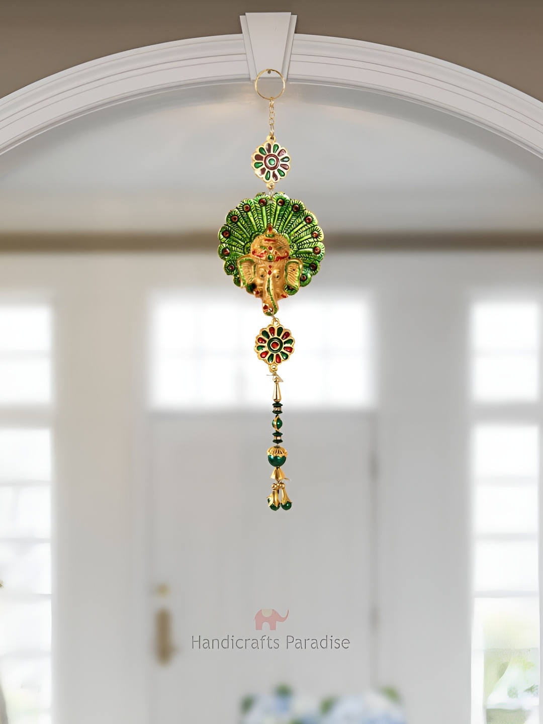 

HANDICRAFTS PARADISE Green & Red Peacock Feather Ganesh Door Hanging