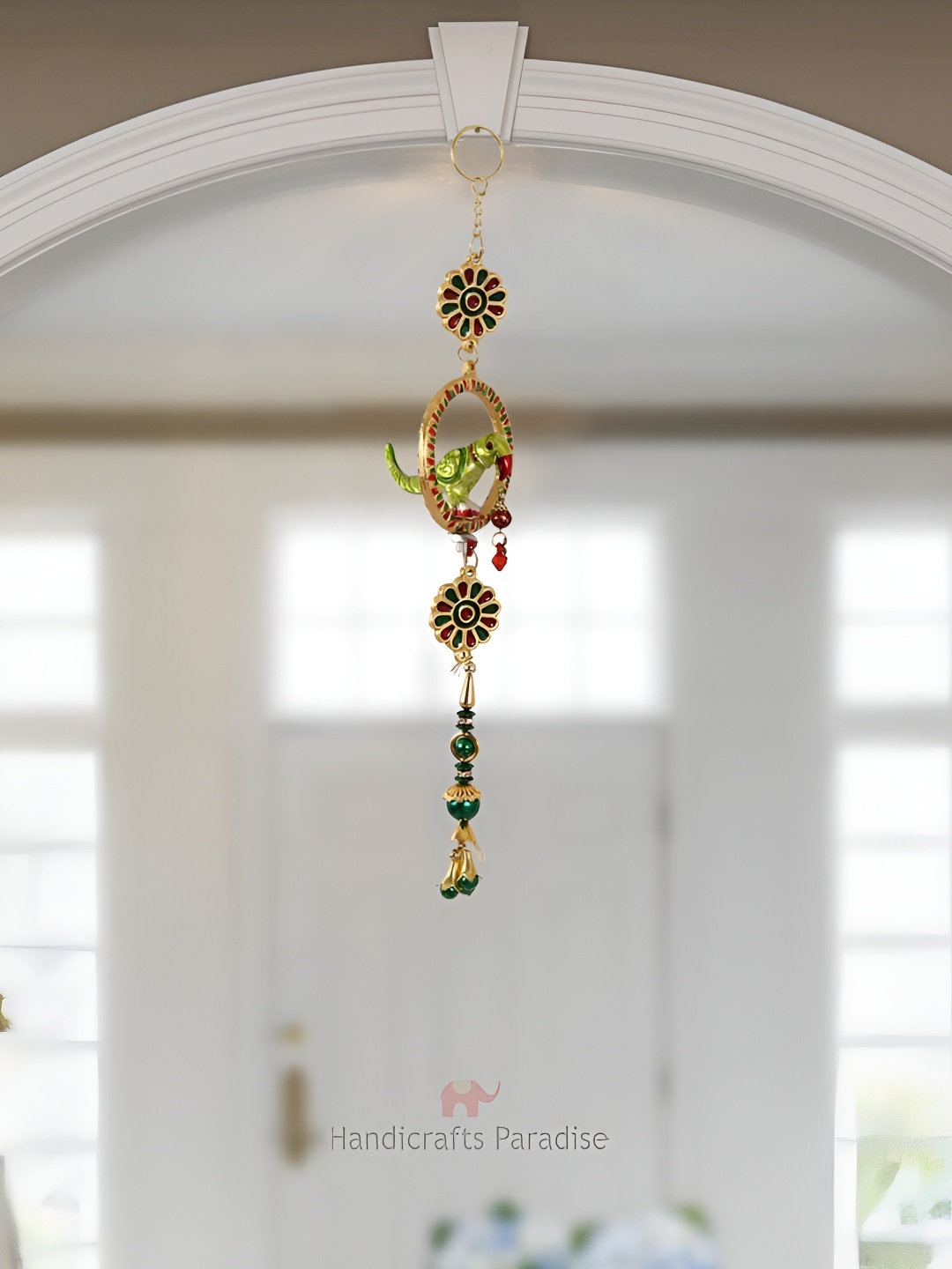 HANDICRAFTS PARADISE Green & Gold Toned Parrot Shaped With Bells Wall Hanging