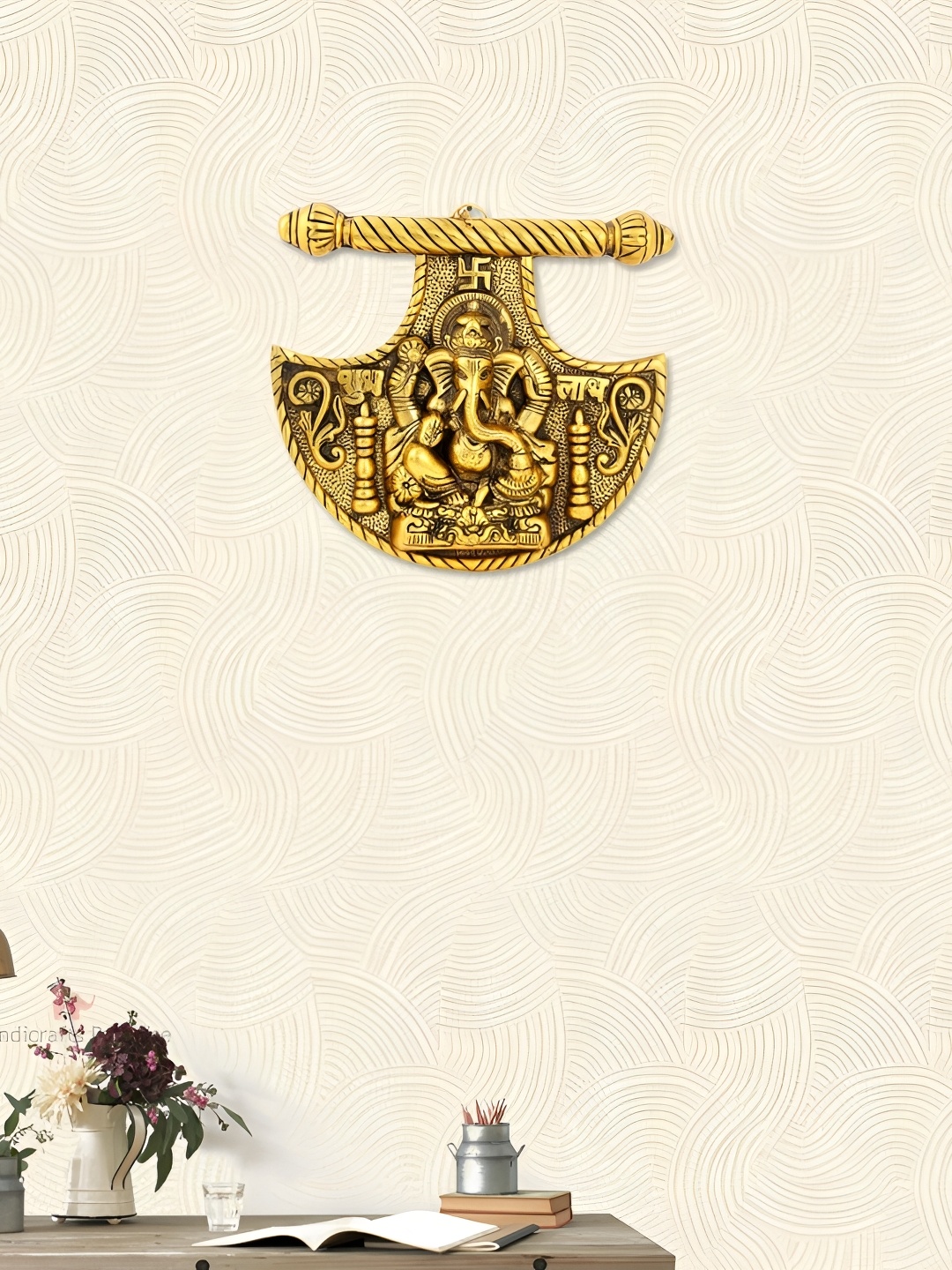 

HANDICRAFTS PARADISE Gold Toned Lord Ganesha Shubh Labh Engraved Fan Shaped Wall Hanging