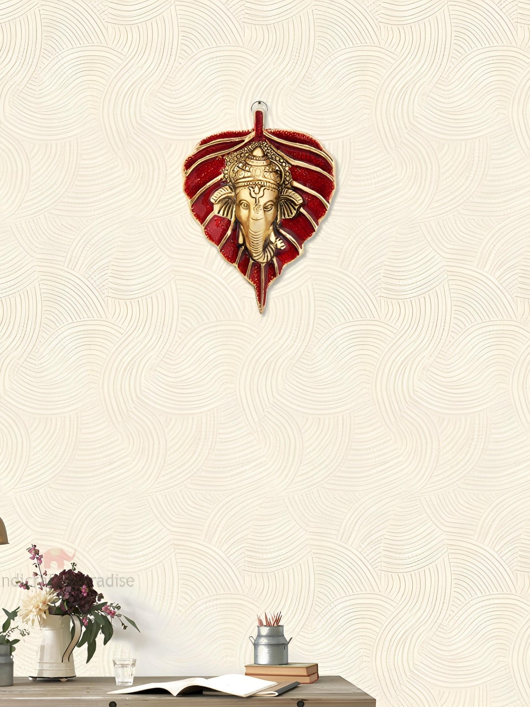 

HANDICRAFTS PARADISE Gold Toned & Red Leaf Shaped With Ganesha Hanging Wall Mask Decor