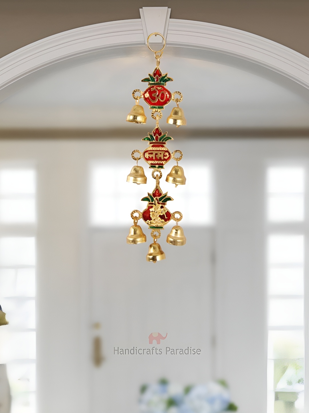 

HANDICRAFTS PARADISE Gold Toned & Red Kalash Shaped With Bells Shaped Wall Hanging
