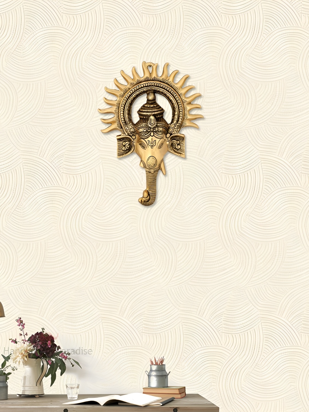 

HANDICRAFTS PARADISE Gold Toned Ganesha Sun Shaped Hanging Wall Decor