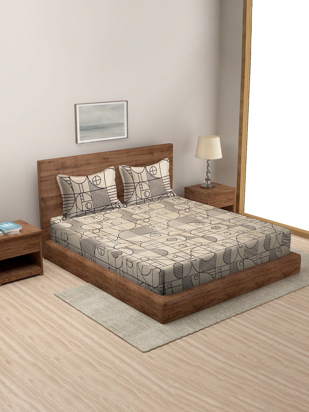 

Rajasthan Decor Beige Printed Cotton 180 TC King Bedsheet With 2 Pillow Covers