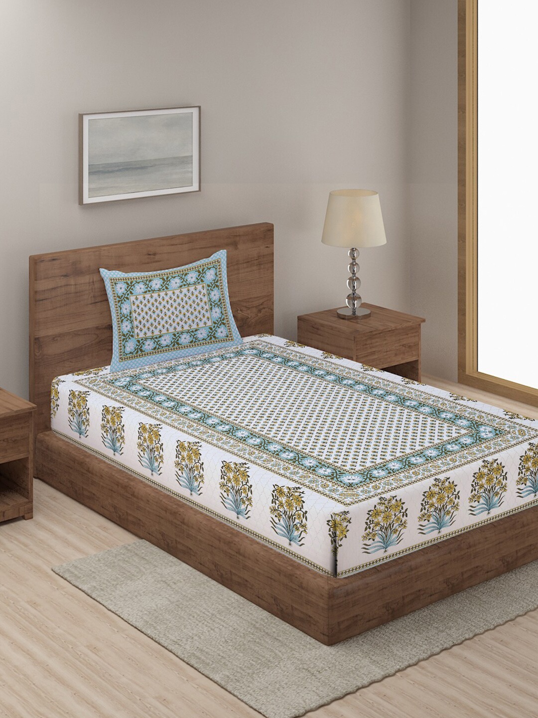 

Rajasthan Decor White & Blue Printed Cotton 144 TC Single Bedsheet With 1 Pillow Cover