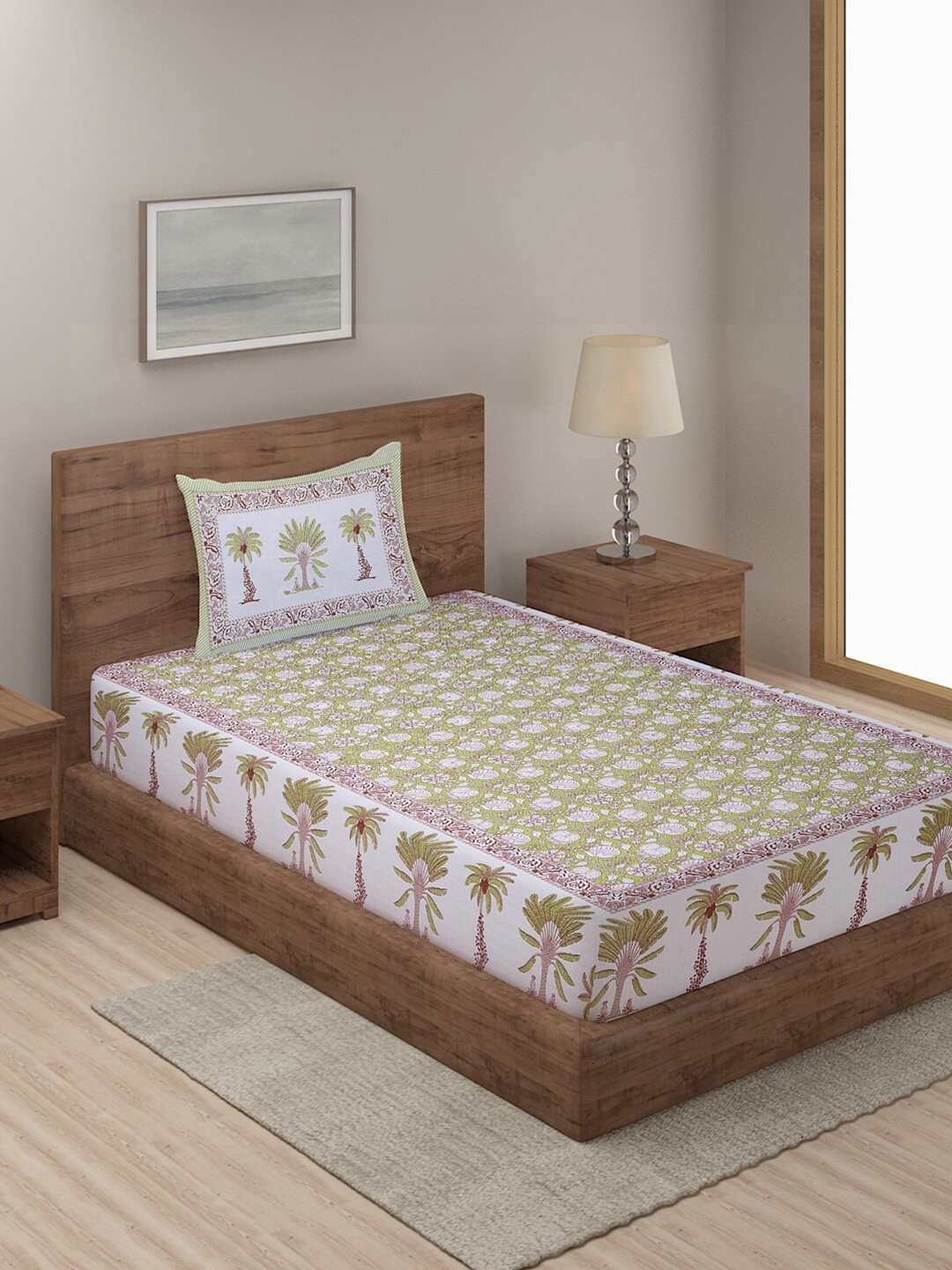 

Rajasthan Decor White & Green Floral Cotton 144 TC Single Bedsheet with 1 Pillow Cover