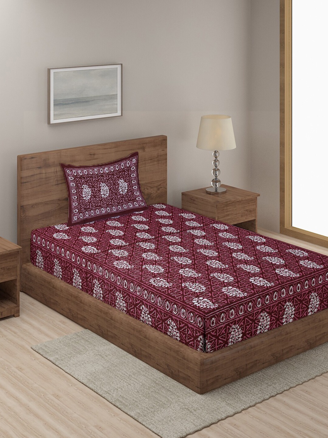 

Rajasthan Decor Maroon Printed Cotton 144 TC Single Bedsheet With 1 Pillow Cover