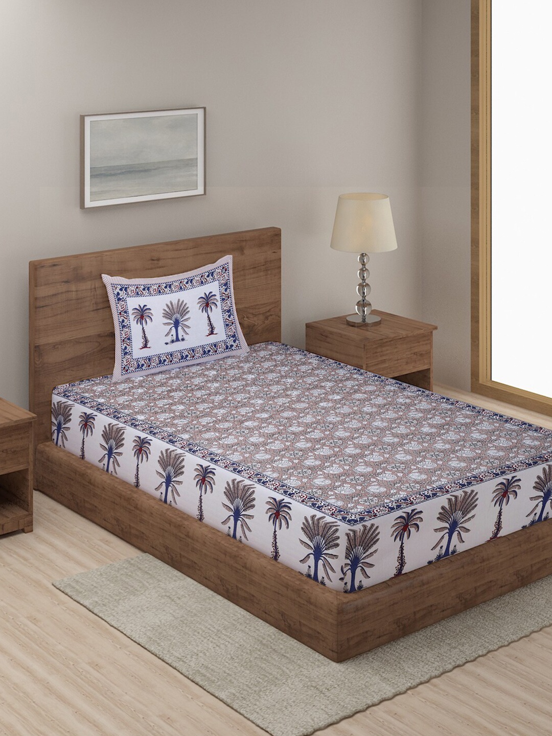 

Rajasthan Decor White & Blue Ethnic Cotton 144 TC Single Bedsheet with 1 Pillow Cover