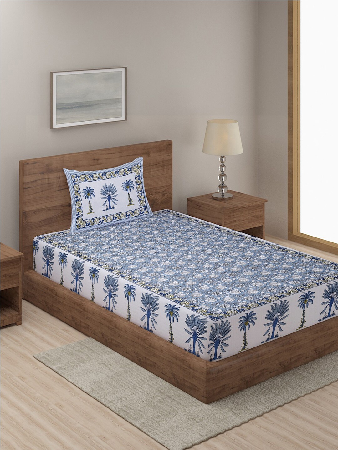 Rajasthan Decor Blue & White Floral Cotton 144 TC Single Bedsheet with 1 Pillow Cover