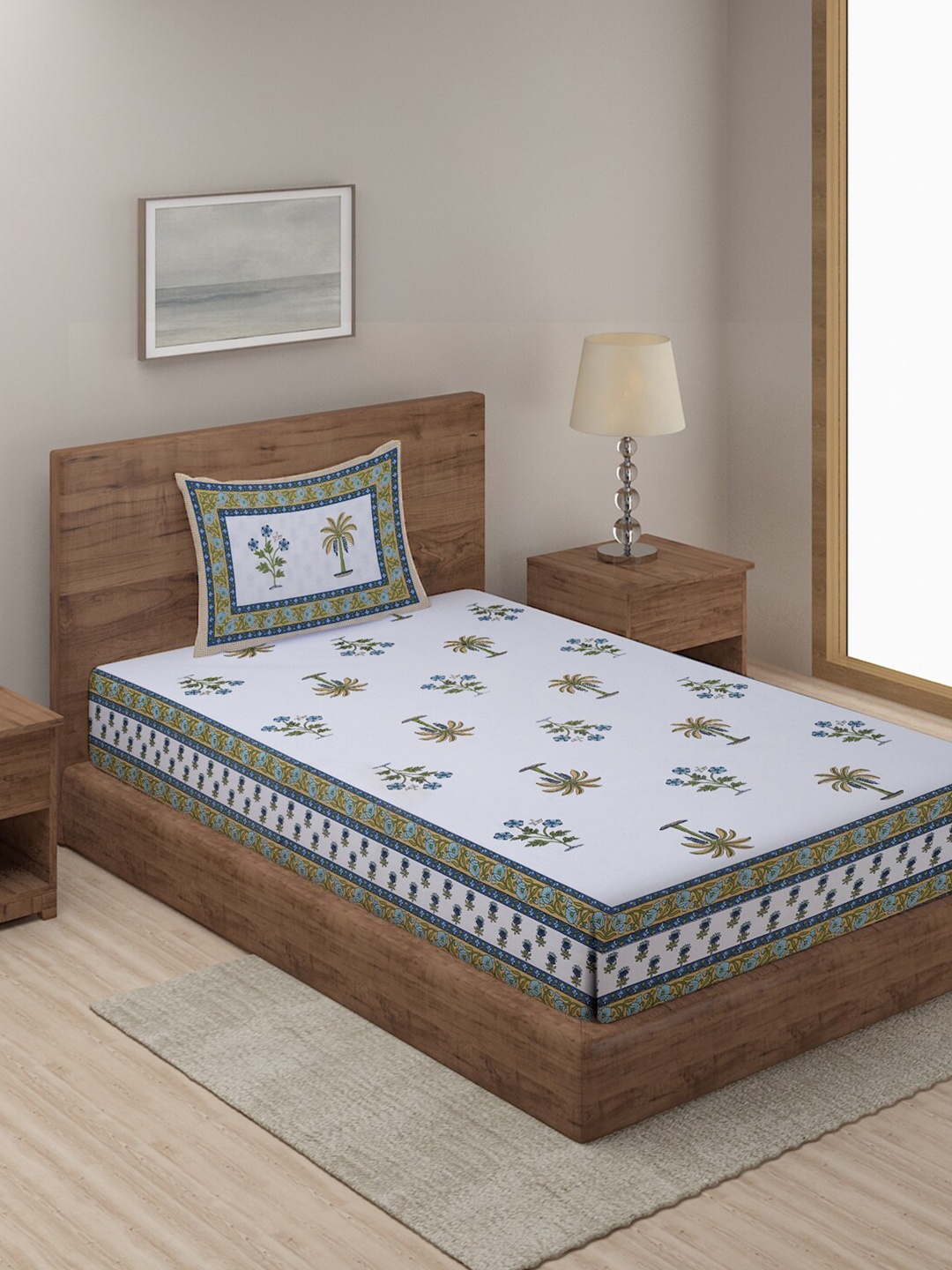 Rajasthan Decor White & Olive Green Ethnic Cotton 144 TC Single Bedsheet & 1 Pillow Cover