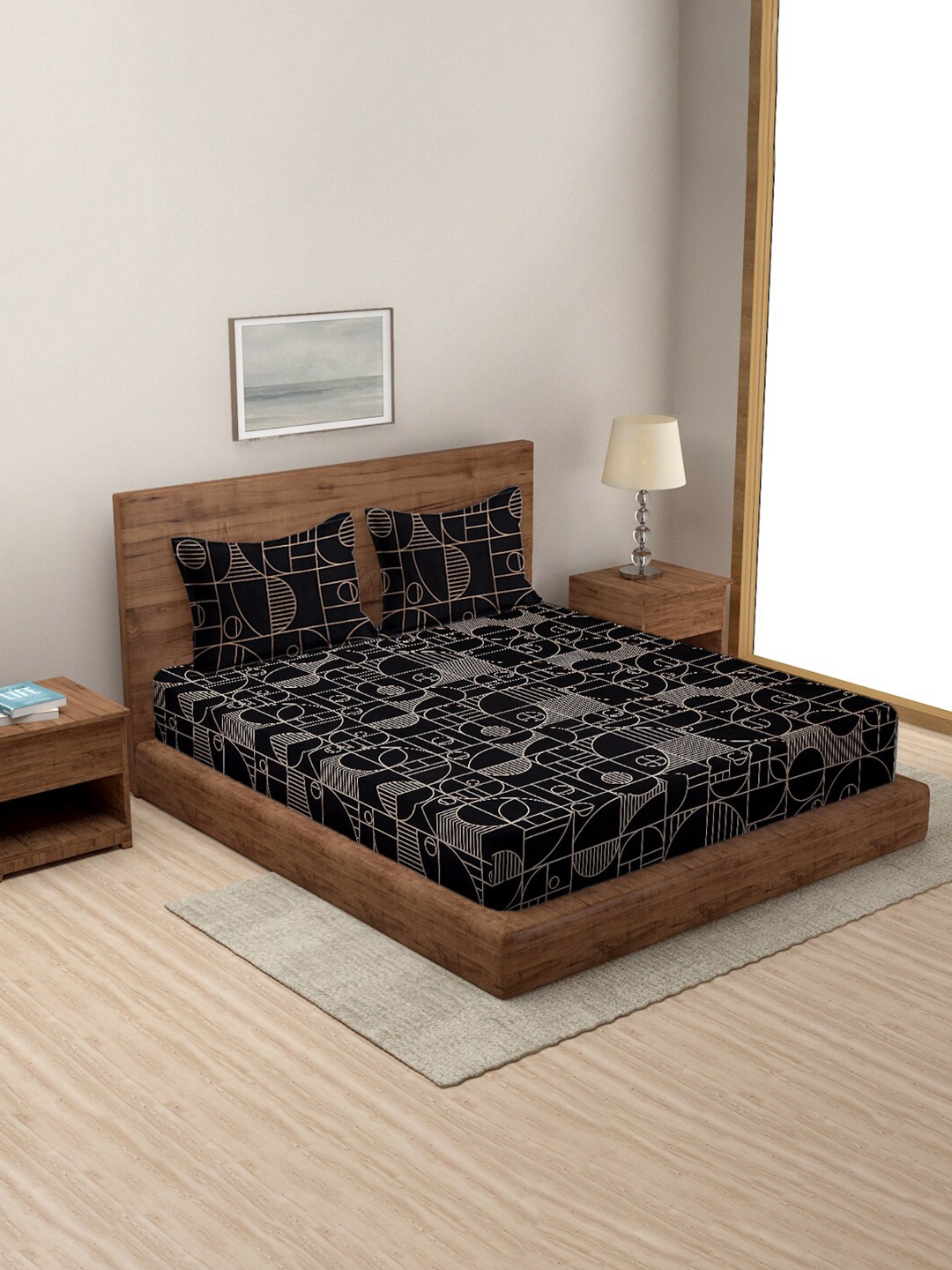 

Rajasthan Decor Black Abstract Cotton 180 TC King Bedsheet with 2 Pillow Covers