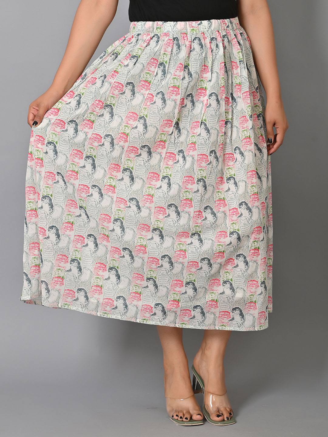 

BAESD Printed Midi Flared Skirt, White