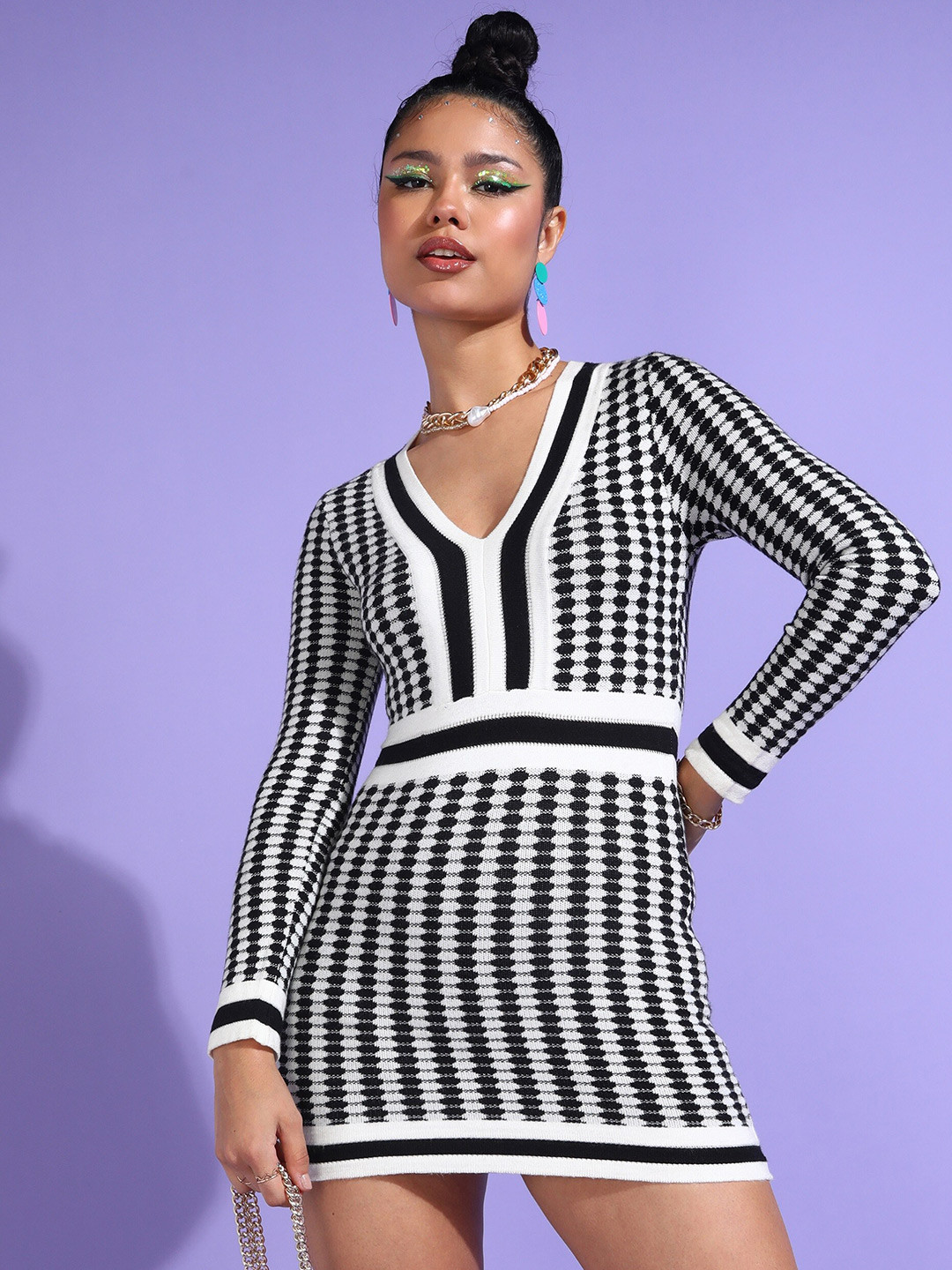 

SHECZZAR Black & White Print A-Line Mini Dress