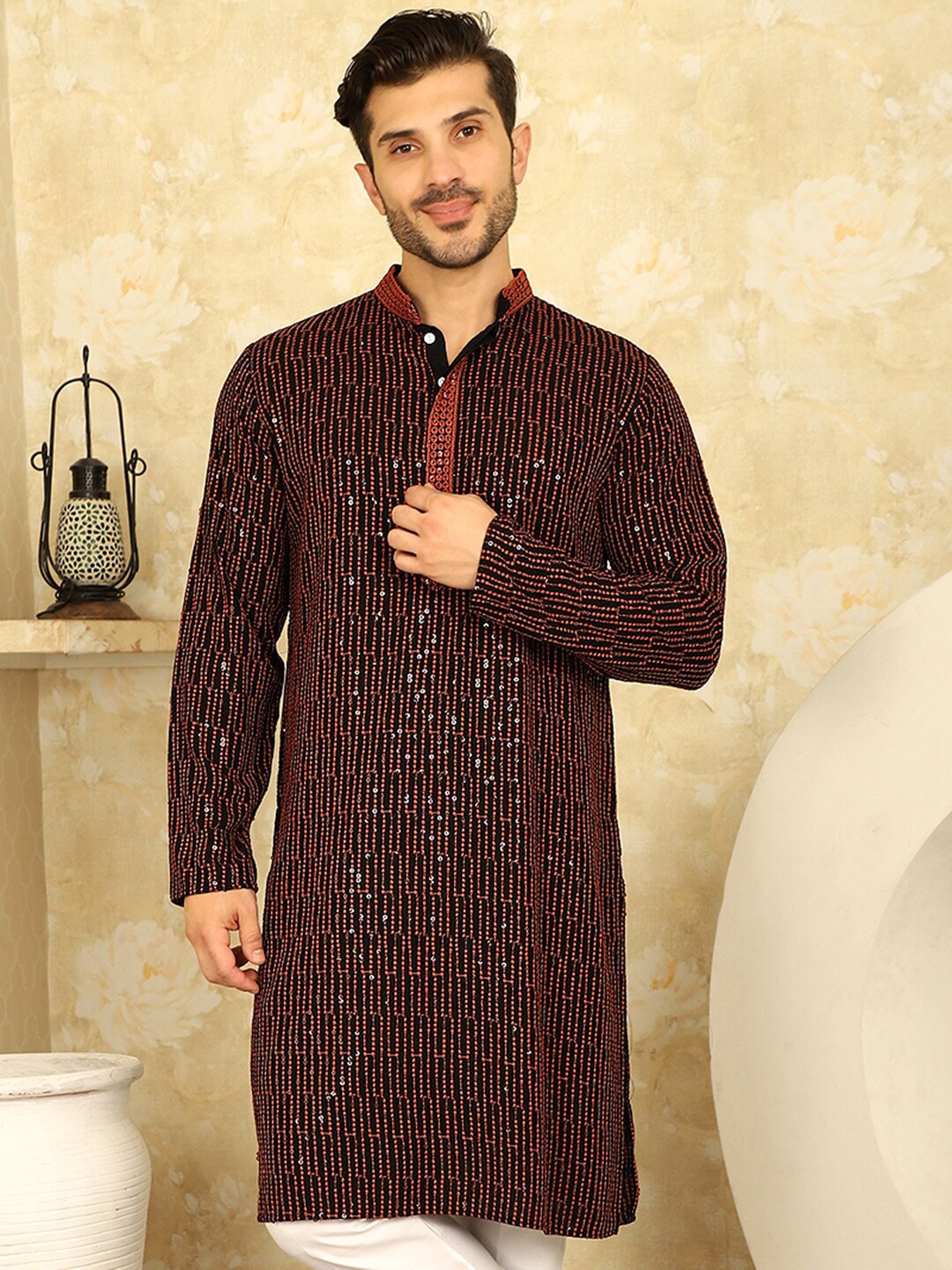 

Jompers Striped Embroidered Mandarin Collar Chikankari Kurta, Black