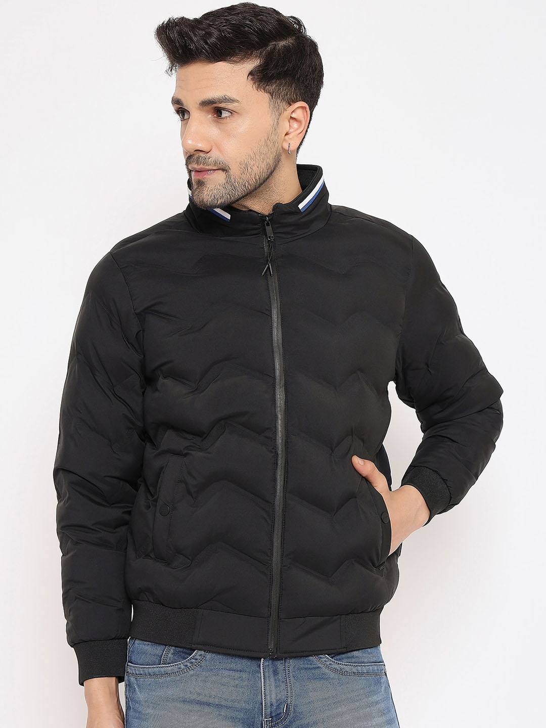 

Okane Mock Collar Long Sleeves Lightweight Nylon Jacket, Black