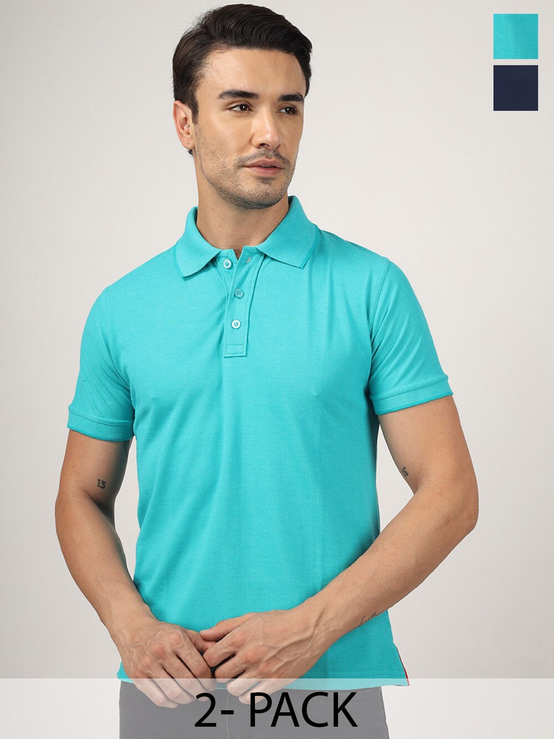 

Greylongg Pack Of 2 Polo Collar Cotton T-shirt, Turquoise blue