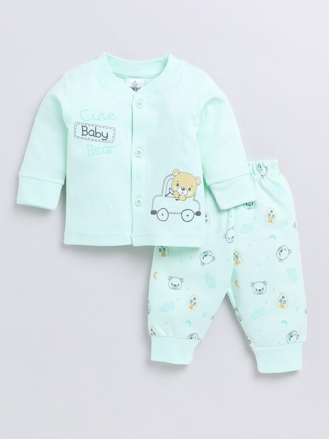 

Moms Love Boys Printed Pure Cotton T-shirt with Trousers, Sea green