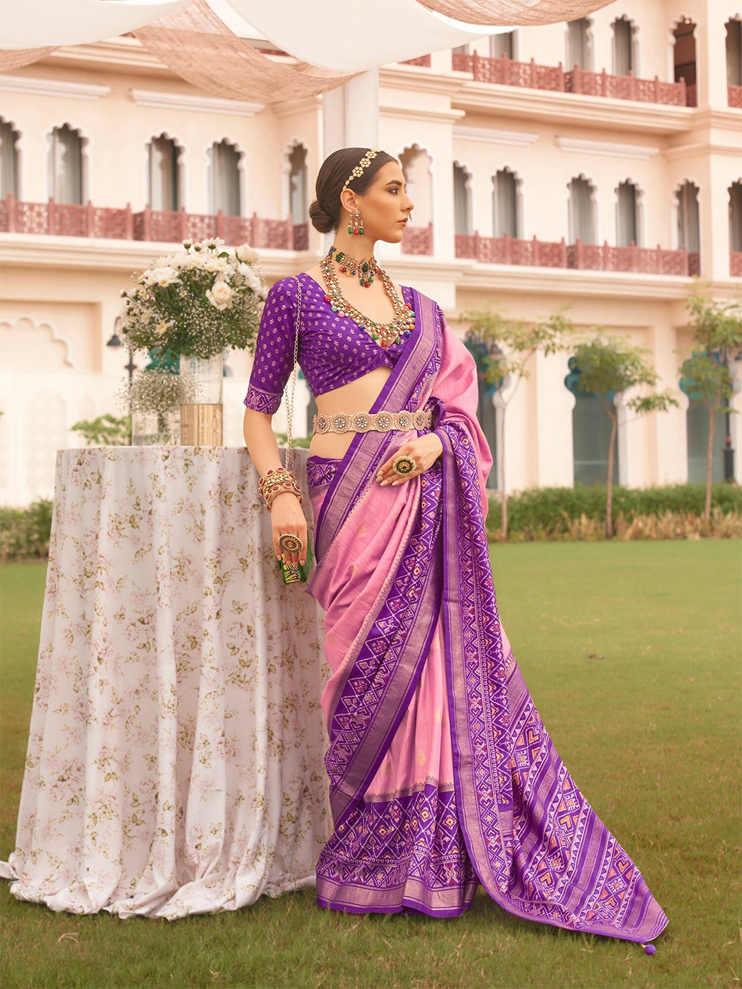 

elora Woven Design Printed Designer Zari Saree, Pink