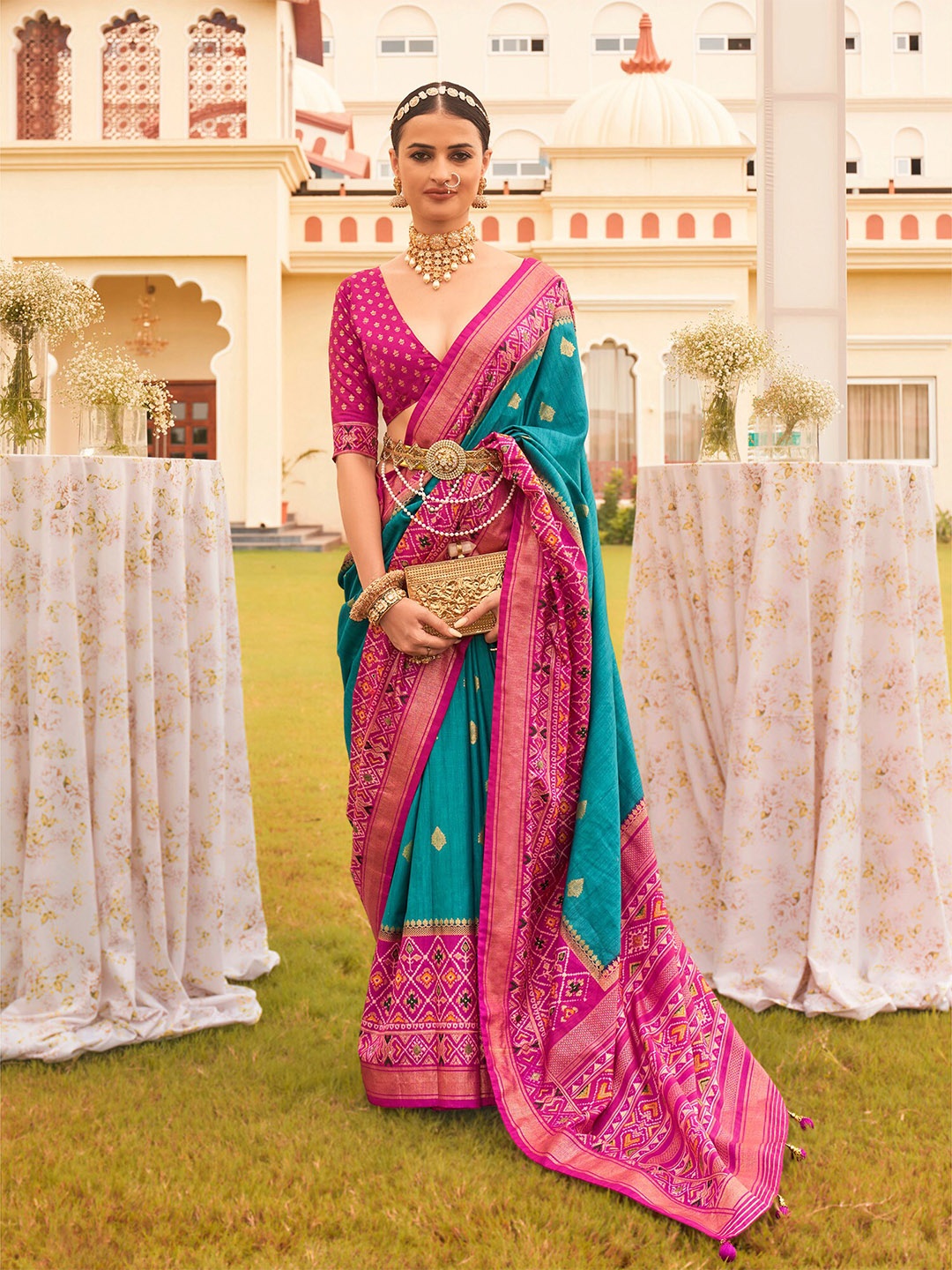 

elora Turquoise Blue & Pink Woven Design Zari Patola Saree