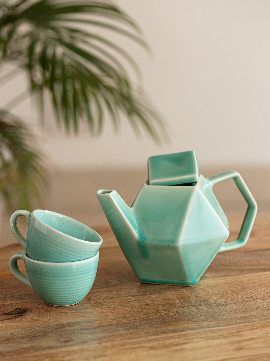 

ExclusiveLane Caribbean Green 3 Pieces Textured Ceramic Glossy Tea Cups & Kettle Set, Sea green