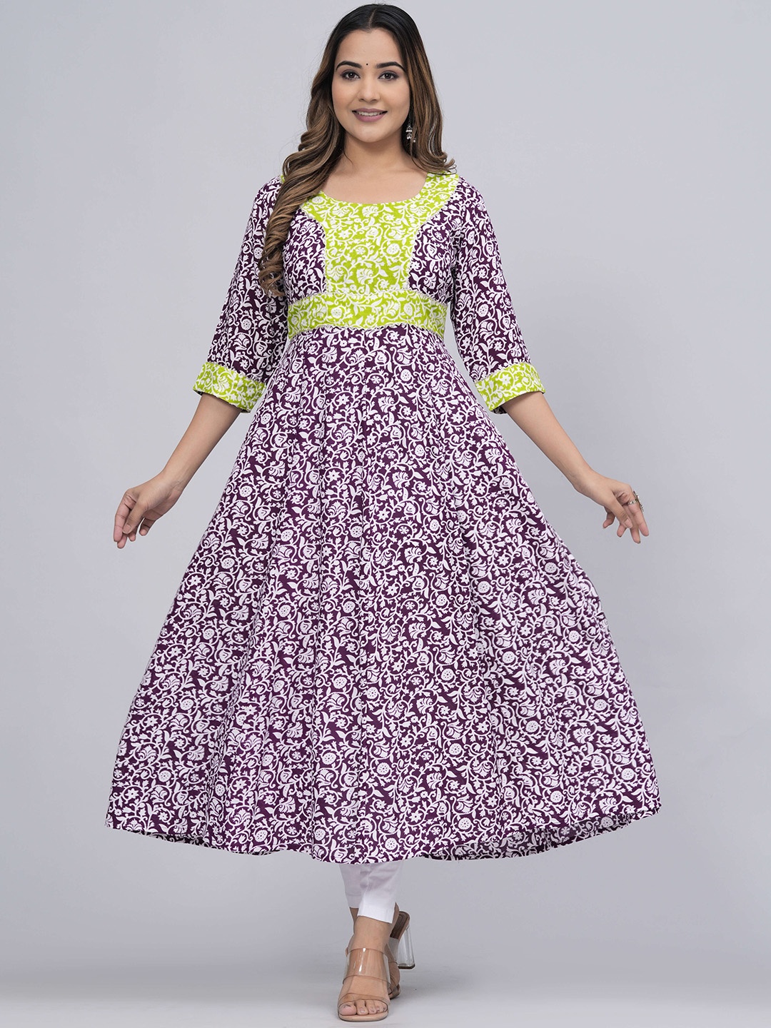 

Sanganeri Kurti Floral Printed Anarkali Gotta Patti Kurta, Purple