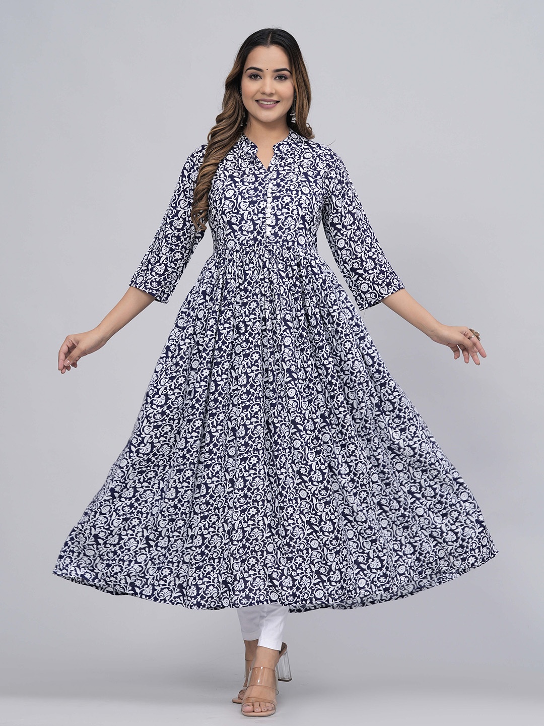 

Sanganeri Kurti Ethnic Motif Printed Anarkali Kurta, Navy blue