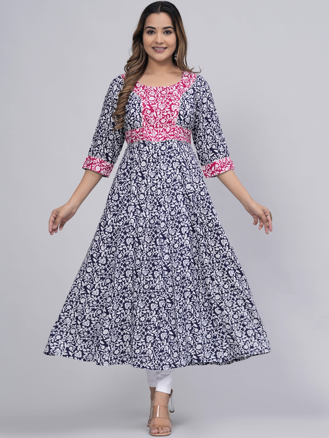 

Sanganeri Kurti Floral Printed Anarkali Gotta Patti Kurta, Blue