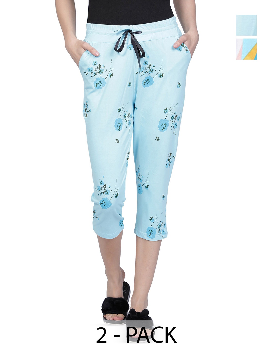 

CLUB A9 Women Pack Of 2 Printed Cotton Lounge Capris, Blue