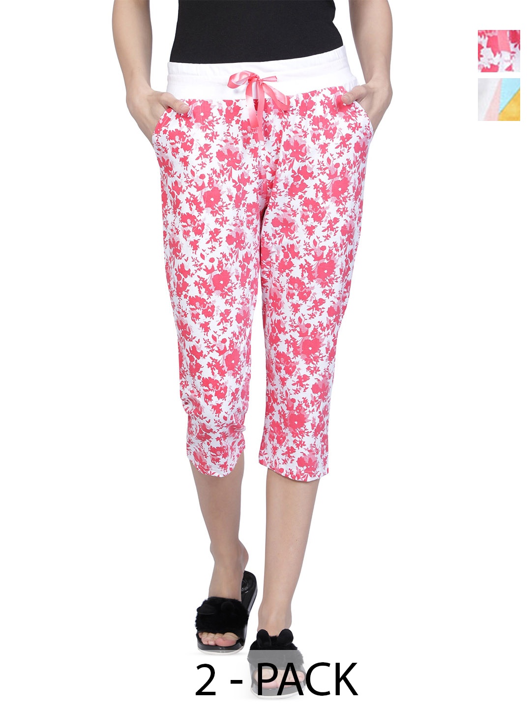 

CLUB A9 Women Pack Of 2 Printed Cotton Lounge Capris, White