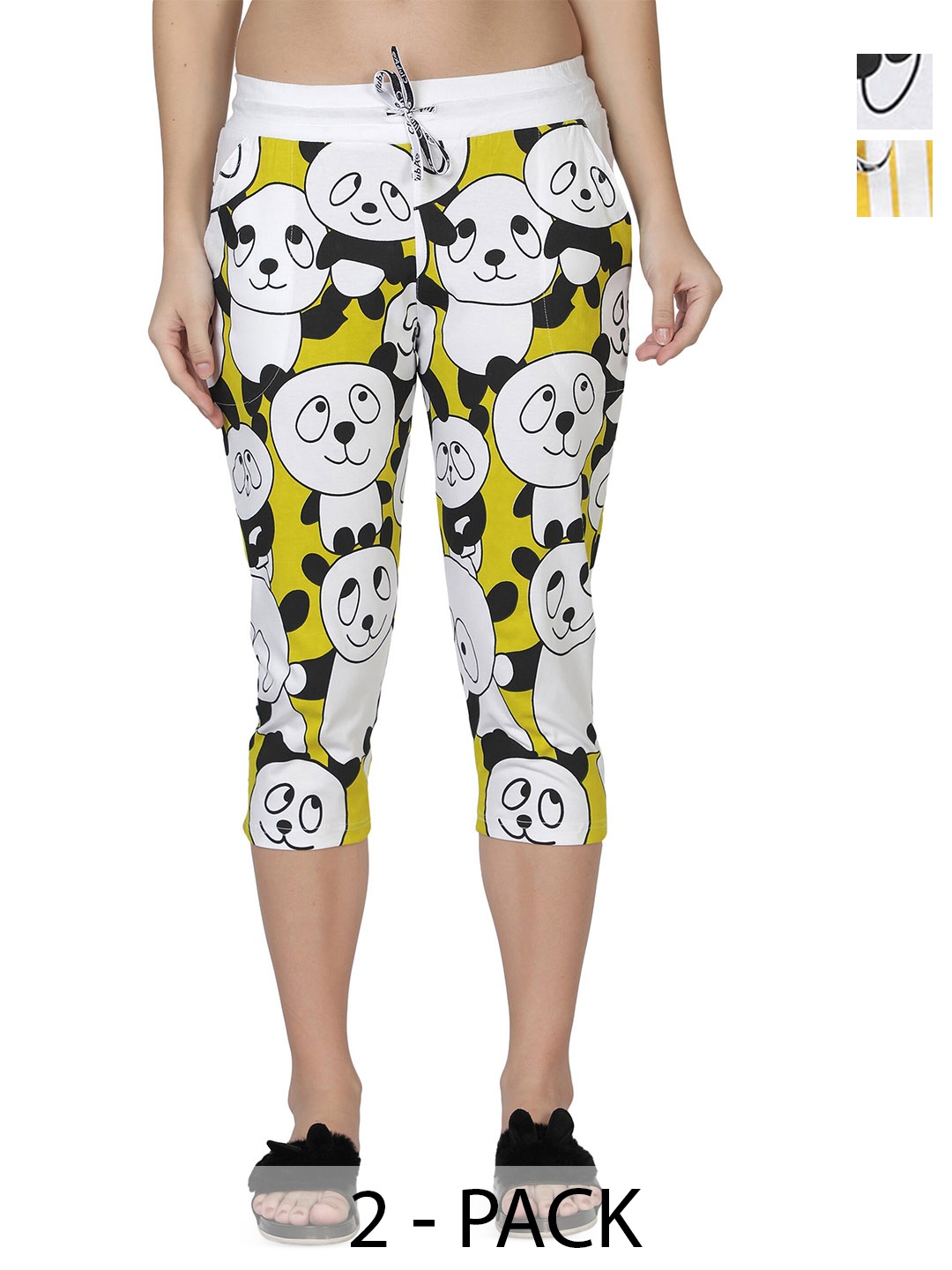 

CLUB A9 Women Pack Of 2 Printed Cotton Lounge Capris, White