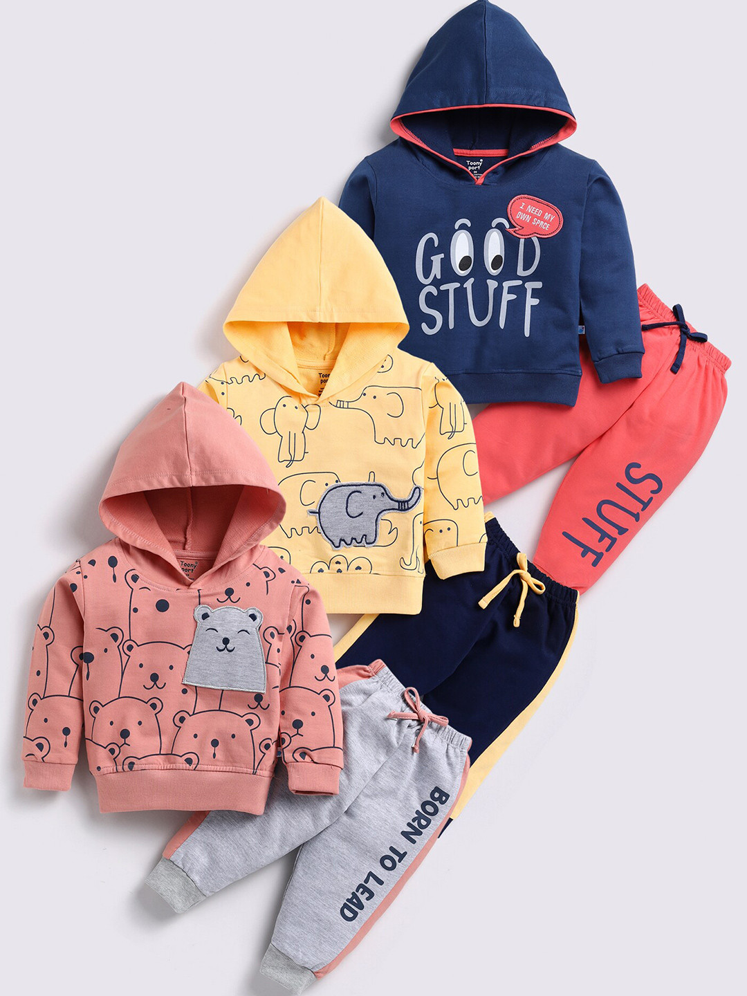 

Toonyport Boys Pack Of 3 Graphic Printed Pure Cotton T-shirt With Trousers, Navy blue