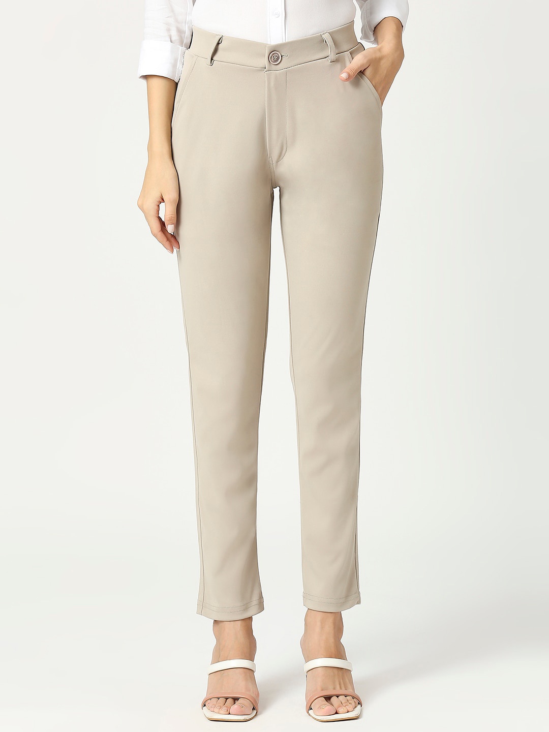 

FITHUB Women Sharp Slim Fit Cotton Formal Trouser, Beige