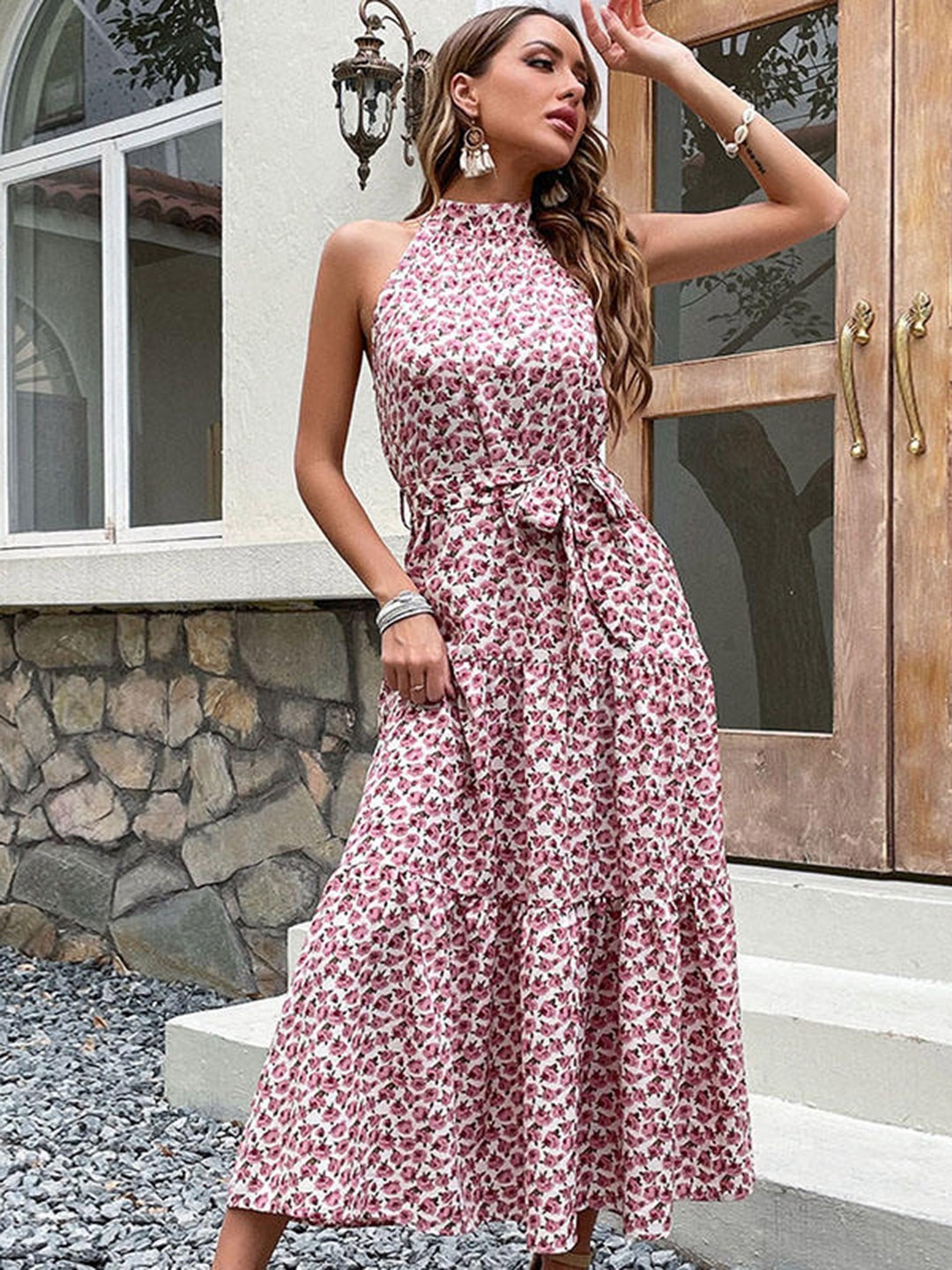 

StyleCast Pink Floral Printed Halter Neck Fit & Flare Midi Dress, White