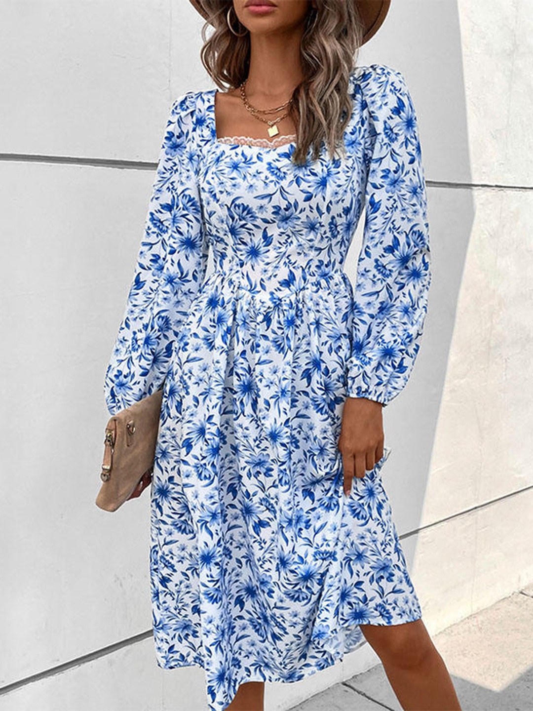 

StyleCast Blue & White Floral Printed A-Line Dress