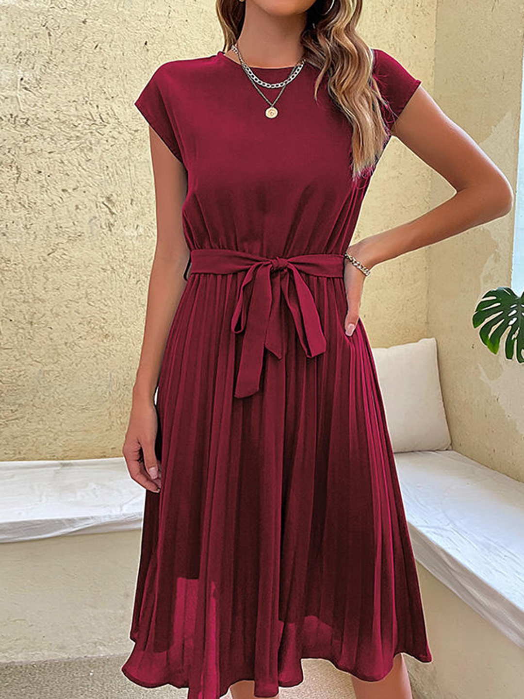

StyleCast Maroon Extended Sleeves Crepe A-Line Midi Dress