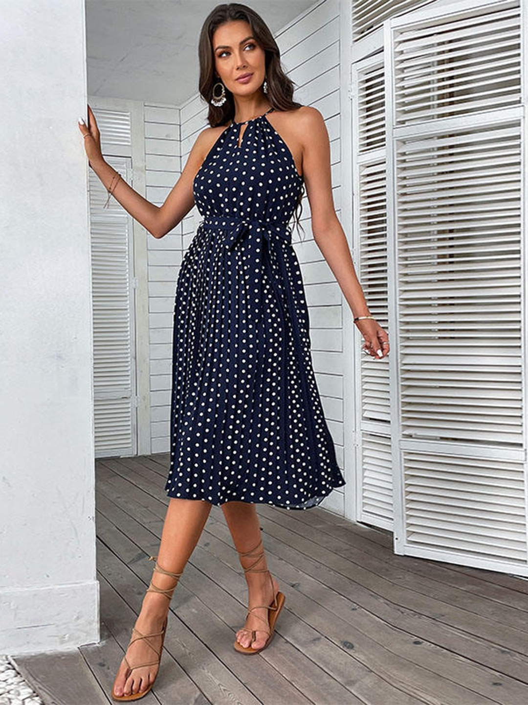 

StyleCast Navy Blue Polka Dot Printed Fit & Flare Dress